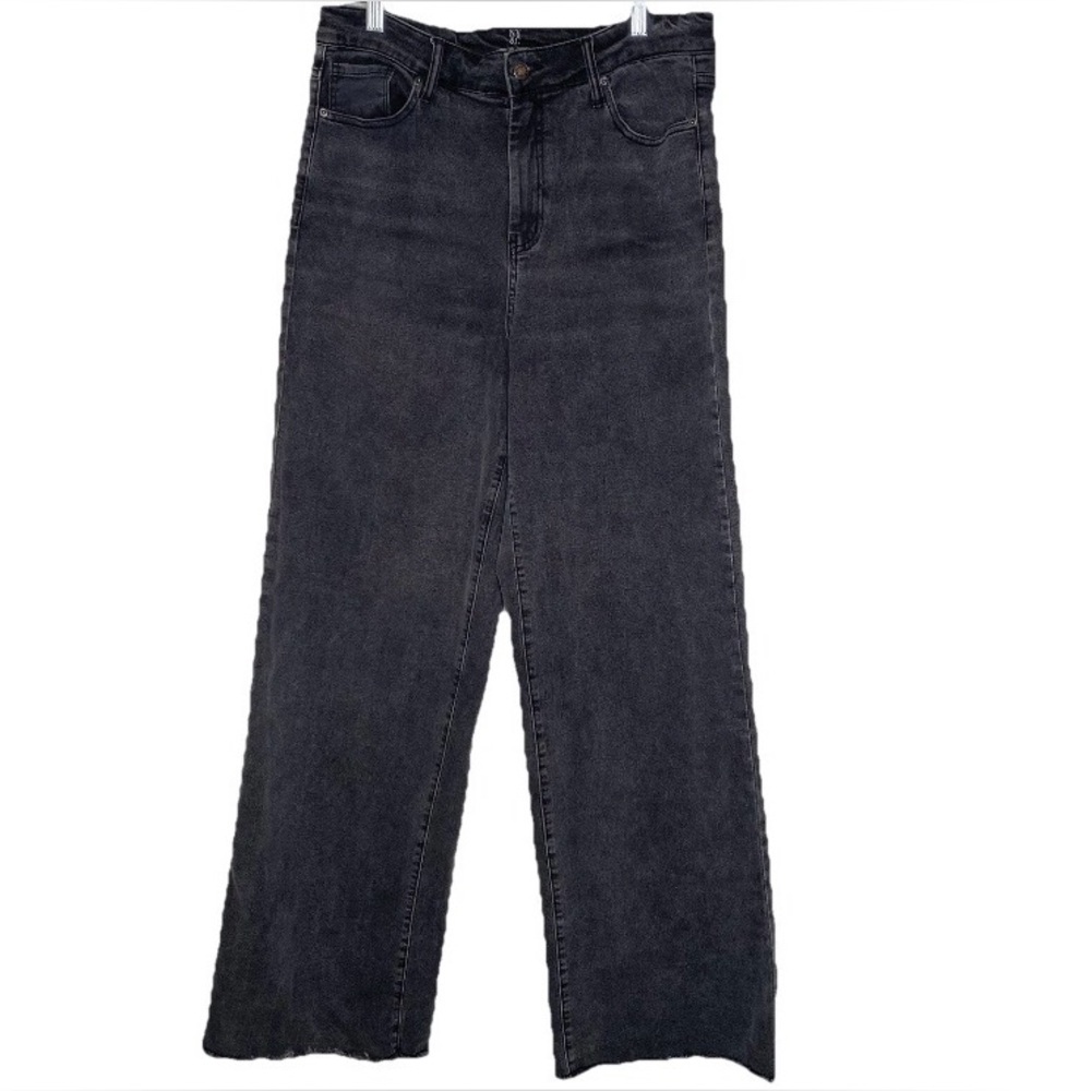 New York & Company High Rise Wide Leg Flare Raw Hem Denim Jeans Sz 12